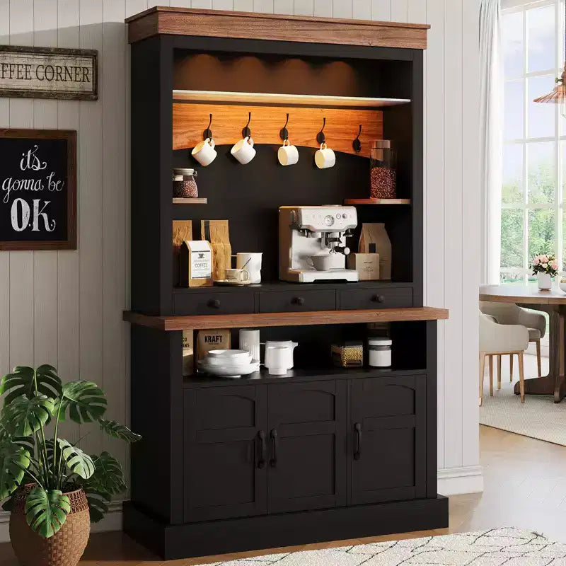 Meuble bar à café avec lumières LED, vaisselier de bar à café de style rustique haut avec rangement, buffet avec support pour micro-ondes