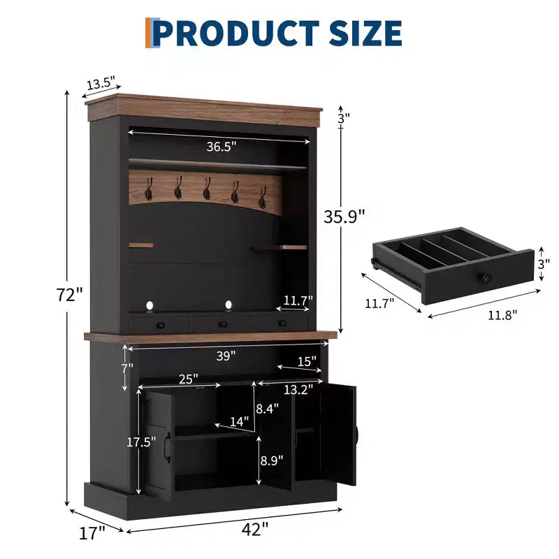 Meuble bar à café avec lumières LED, vaisselier de bar à café de style rustique haut avec rangement, buffet avec support pour micro-ondes