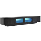 Meuble TV JVNOXK en verre trempé avec rainures, adapté aux téléviseurs jusqu'à 95 pouces, console média fonctionnelle, adapté aux salons, Noir