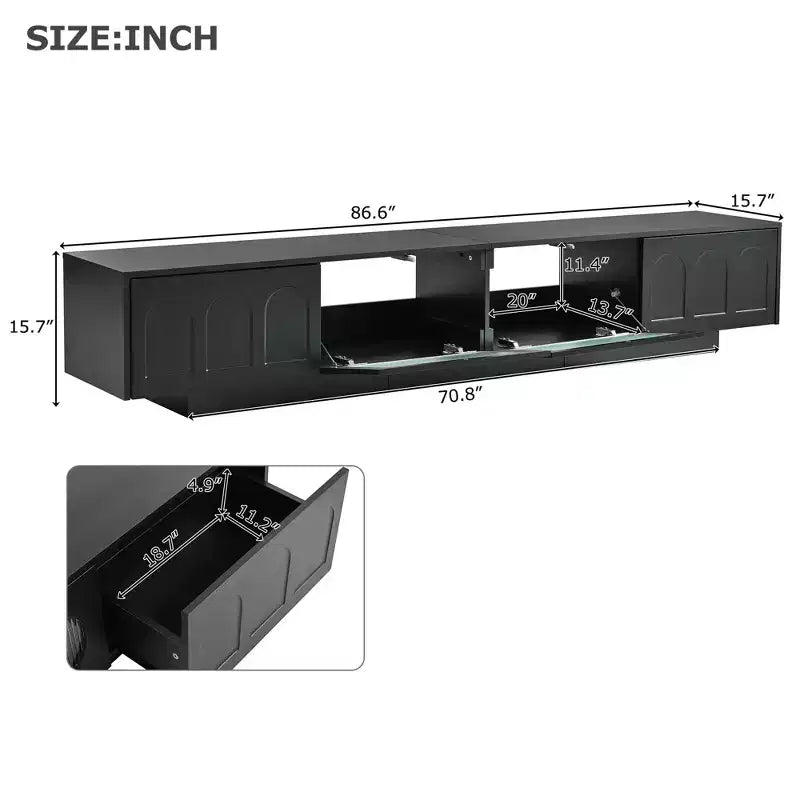 Meuble TV JVNOXK en verre trempé avec rainures, adapté aux téléviseurs jusqu'à 95 pouces, console média fonctionnelle, adapté aux salons, Noir