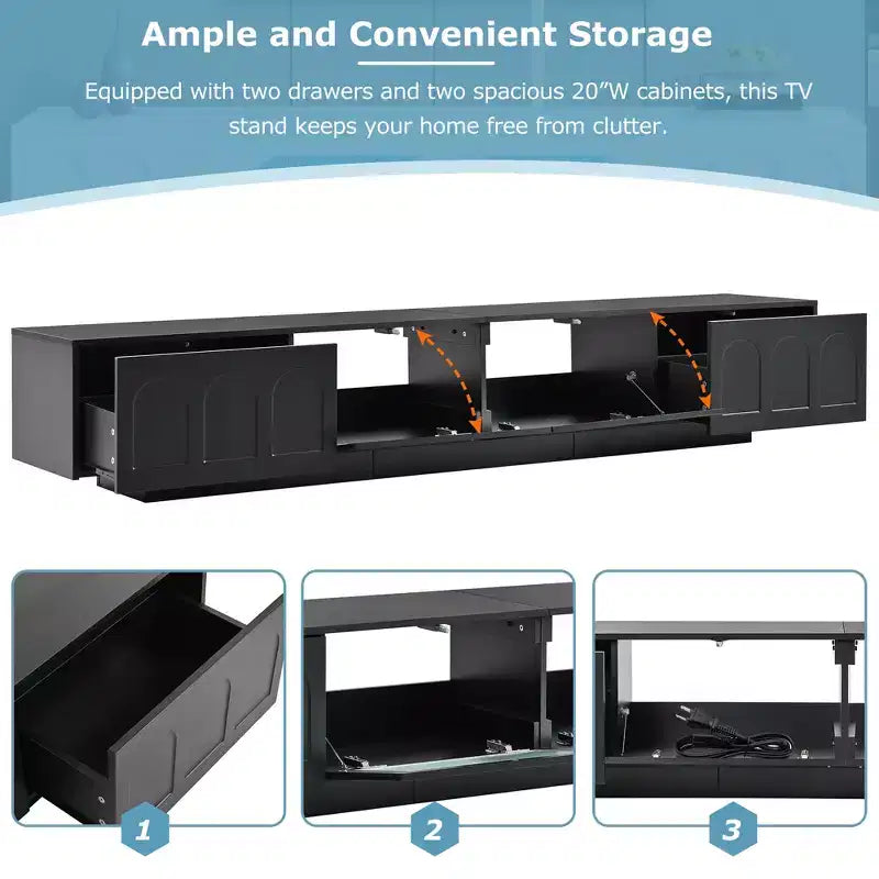 Meuble TV JVNOXK en verre trempé avec rainures, adapté aux téléviseurs jusqu'à 95 pouces, console média fonctionnelle, adapté aux salons, Noir