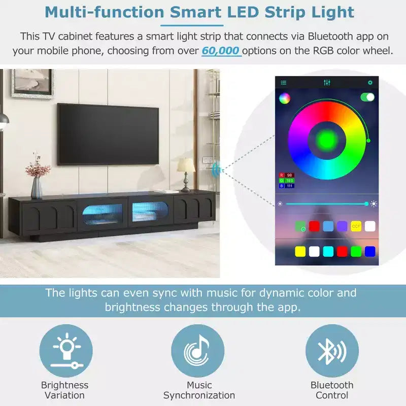 Meuble TV JVNOXK en verre trempé avec rainures, adapté aux téléviseurs jusqu'à 95 pouces, console média fonctionnelle, adapté aux salons, Noir
