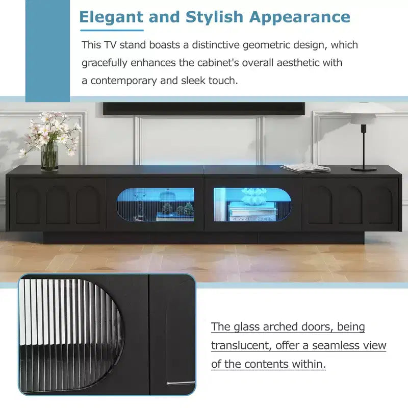 Meuble TV JVNOXK en verre trempé avec rainures, adapté aux téléviseurs jusqu'à 95 pouces, console média fonctionnelle, adapté aux salons, Noir