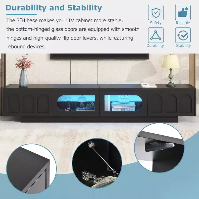 Meuble TV JVNOXK en verre trempé avec rainures, adapté aux téléviseurs jusqu'à 95 pouces, console média fonctionnelle, adapté aux salons, Noir