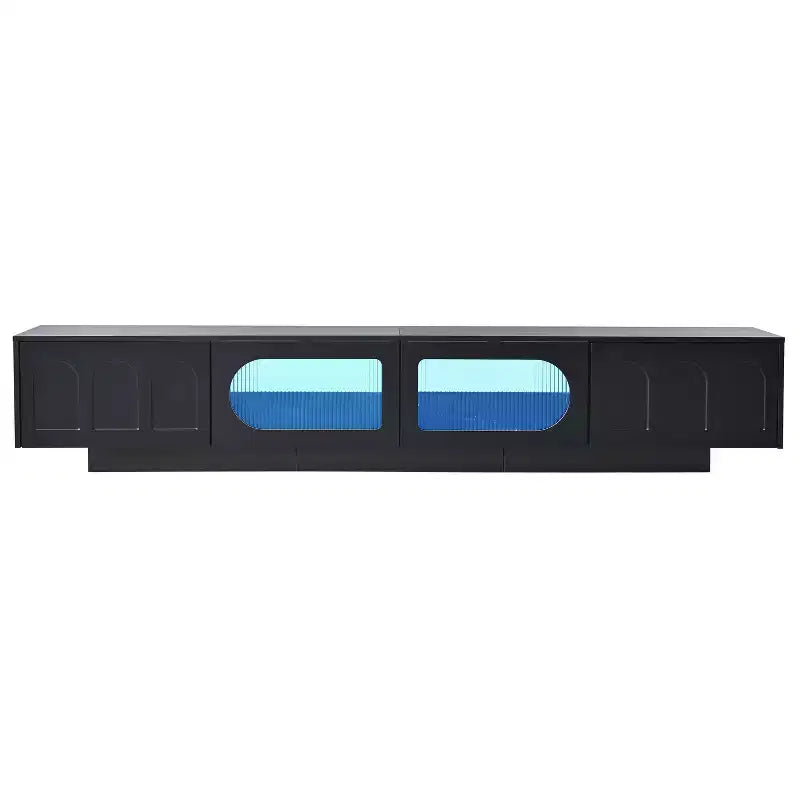 Meuble TV JVNOXK en verre trempé avec rainures, adapté aux téléviseurs jusqu'à 95 pouces, console média fonctionnelle, adapté aux salons, Noir