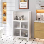 Meuble de salle de bain sur pied, Armoire de rangement de 115 cm de hauteur avec porte vitrée et étagères, Vitrine autoportante pour cuisine, salon, couloir.