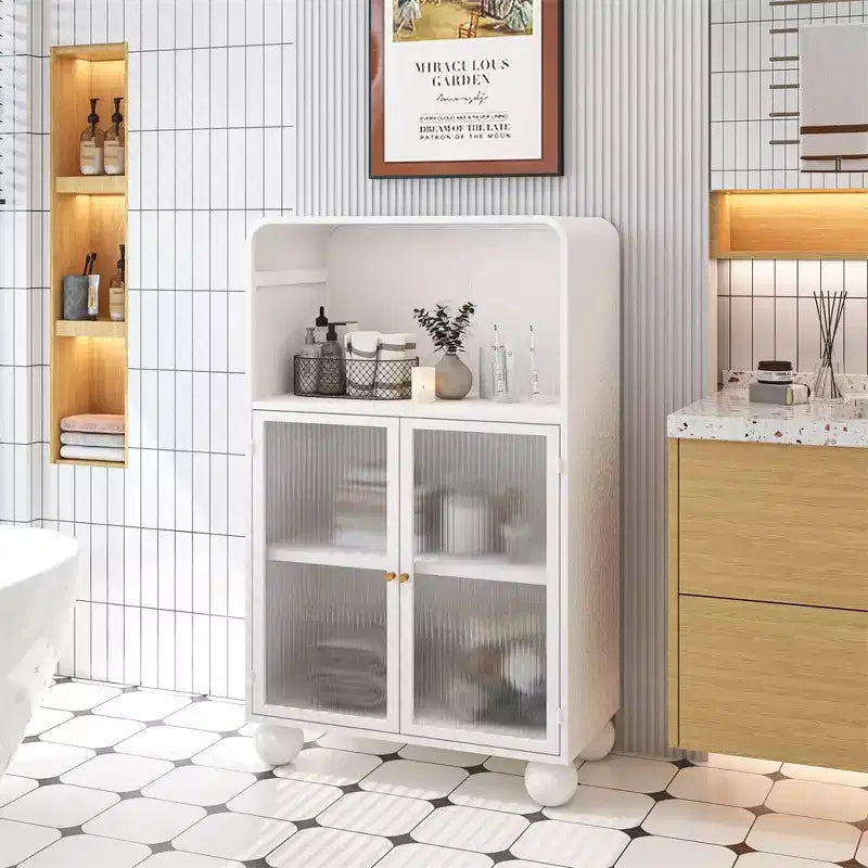 Meuble de salle de bain sur pied, Armoire de rangement de 115 cm de hauteur avec porte vitrée et étagères, Vitrine autoportante pour cuisine, salon, couloir.