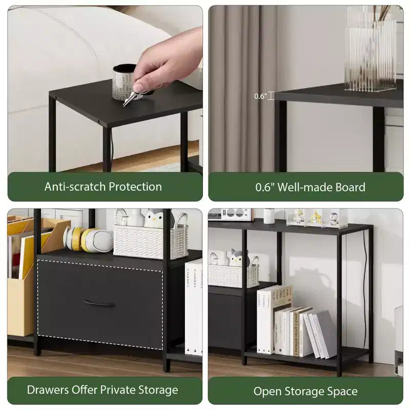 Meuble TV COZONY en métal et tissu, meuble de divertissement moderne avec étagères ouvertes et tiroir