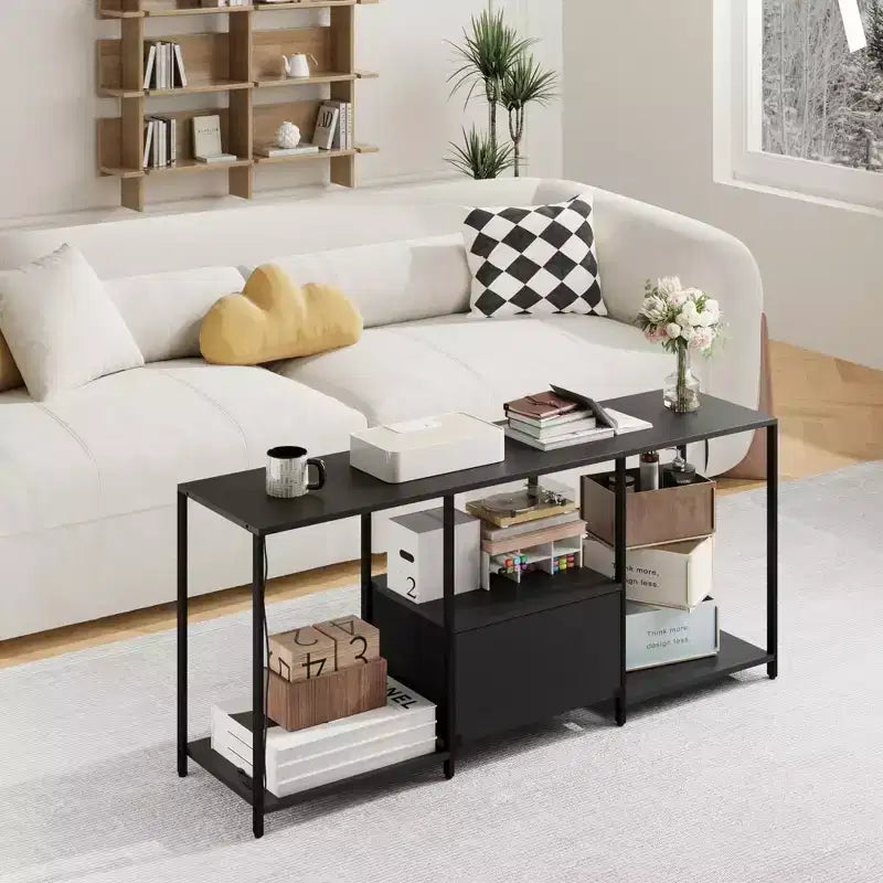 Meuble TV COZONY en métal et tissu, meuble de divertissement moderne avec étagères ouvertes et tiroir