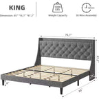 Cadre de lit King Size capitonné avec ports USB, tête de lit à oreilles, étagère de rangement et station de charge, design capitonné