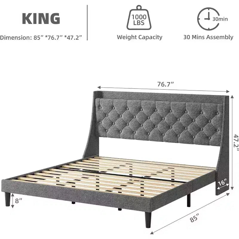 Cadre de lit King Size capitonné avec ports USB, tête de lit à oreilles, étagère de rangement et station de charge, design capitonné