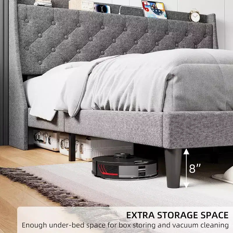 Cadre de lit King Size capitonné avec ports USB, tête de lit à oreilles, étagère de rangement et station de charge, design capitonné