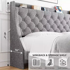 Cadre de lit King Size capitonné avec ports USB, tête de lit à oreilles, étagère de rangement et station de charge, design capitonné