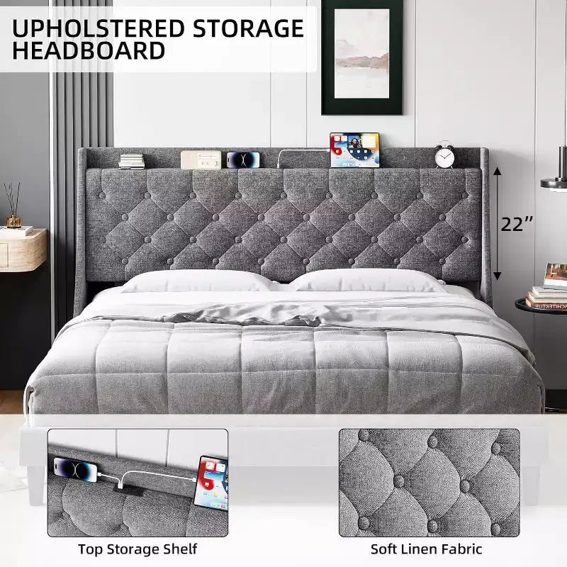 Cadre de lit King Size capitonné avec ports USB, tête de lit à oreilles, étagère de rangement et station de charge, design capitonné