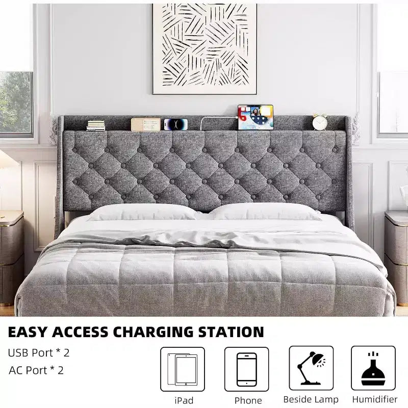 Cadre de lit King Size capitonné avec ports USB, tête de lit à oreilles, étagère de rangement et station de charge, design capitonné