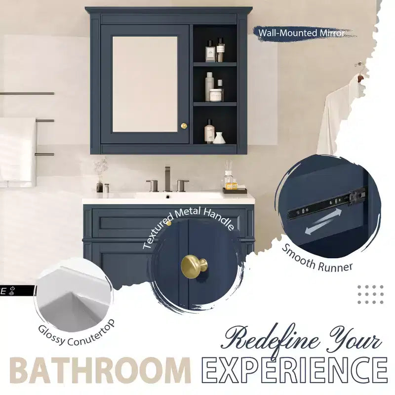 Meuble-lavabo de salle de bain de 76 cm avec lavabo, meuble de rangement de salle de bain avec tiroirs et miroir, armoire de toilette avec miroir