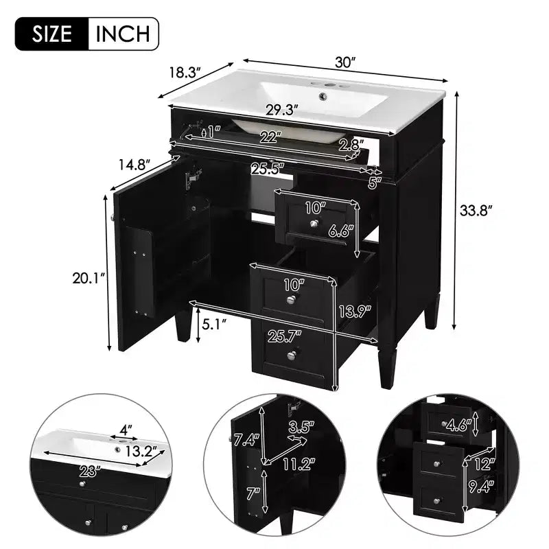 Meuble-lavabo de salle de bain de 76 cm avec lavabo, meuble de rangement de salle de bain avec tiroirs et miroir, armoire de toilette avec miroir