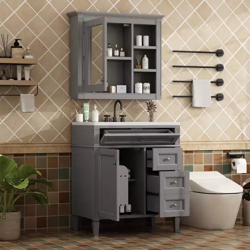 Meuble-lavabo de salle de bain de 76 cm avec lavabo, meuble de rangement de salle de bain avec tiroirs et miroir, armoire de toilette avec miroir