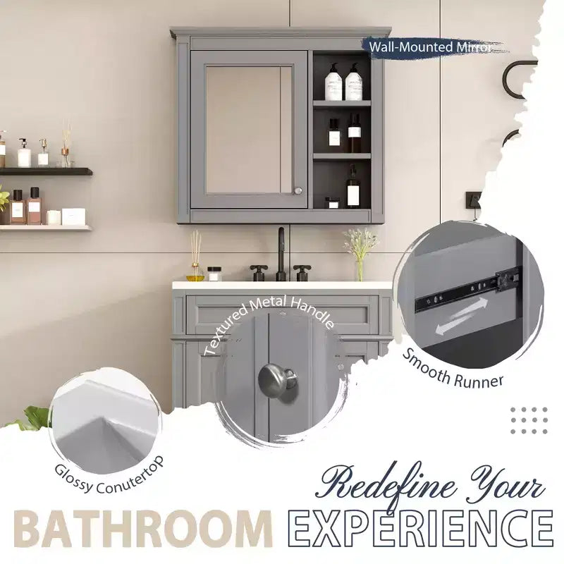 Meuble-lavabo de salle de bain de 76 cm avec lavabo, meuble de rangement de salle de bain avec tiroirs et miroir, armoire de toilette avec miroir