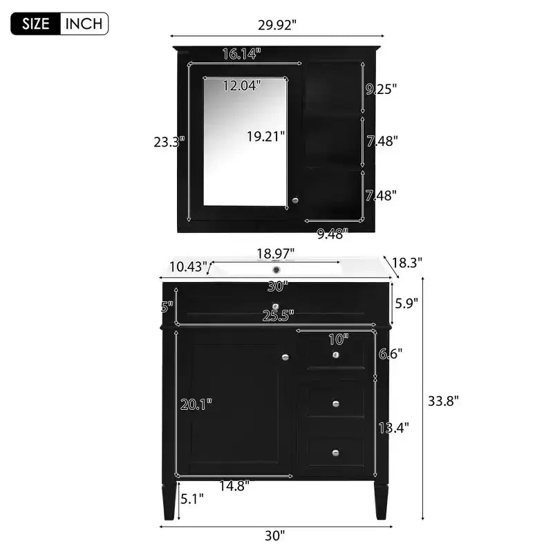 Meuble-lavabo de salle de bain de 76 cm avec lavabo, meuble de rangement de salle de bain avec tiroirs et miroir, armoire de toilette avec miroir