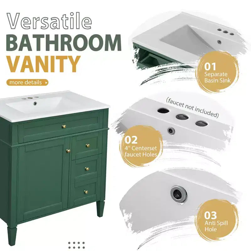 Meuble-lavabo de salle de bain de 76 cm avec lavabo, meuble de rangement de salle de bain avec tiroirs et miroir, armoire de toilette avec miroir