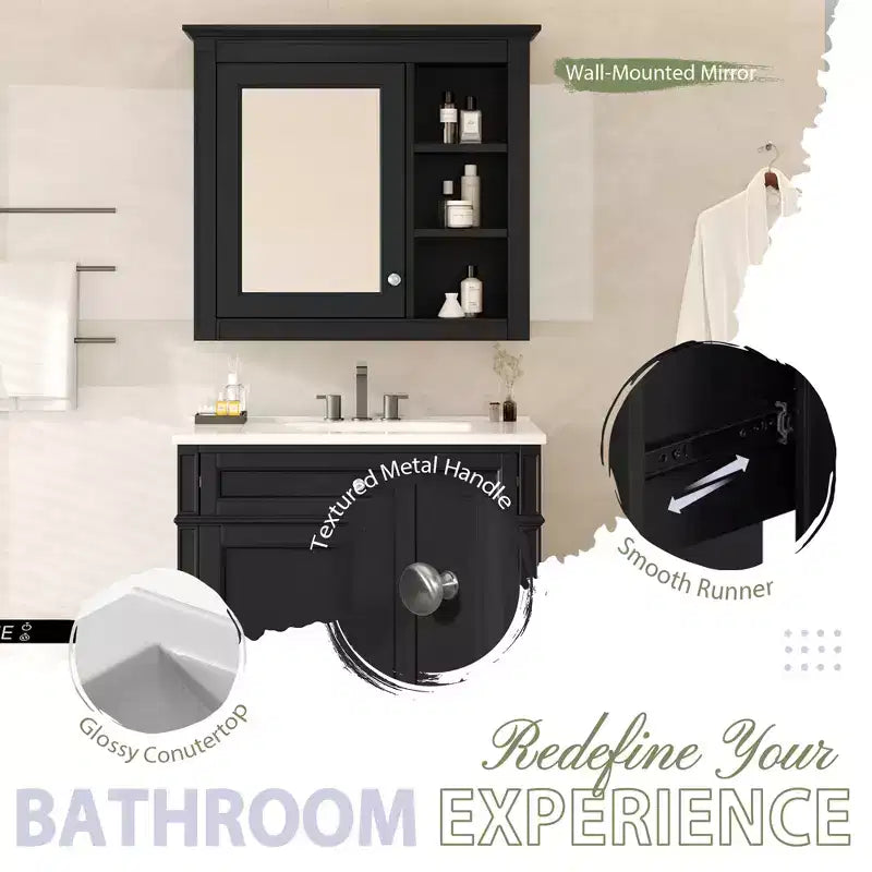 Meuble-lavabo de salle de bain de 76 cm avec lavabo, meuble de rangement de salle de bain avec tiroirs et miroir, armoire de toilette avec miroir