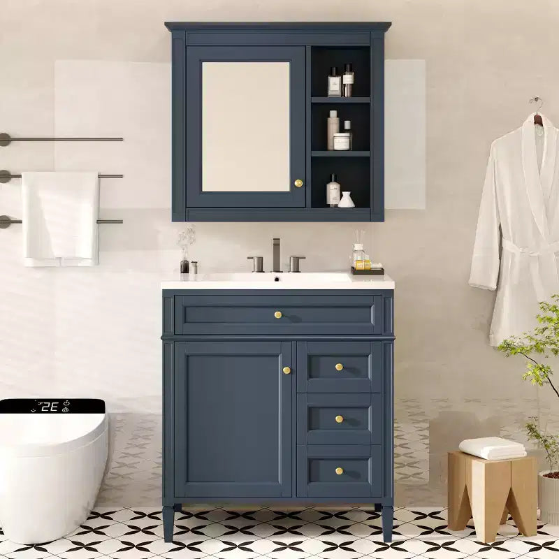 Meuble-lavabo de salle de bain de 76 cm avec lavabo, meuble de rangement de salle de bain avec tiroirs et miroir, armoire de toilette avec miroir