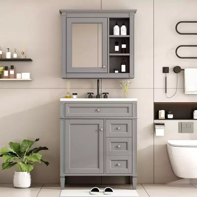 Meuble-lavabo de salle de bain de 76 cm avec lavabo, meuble de rangement de salle de bain avec tiroirs et miroir, armoire de toilette avec miroir