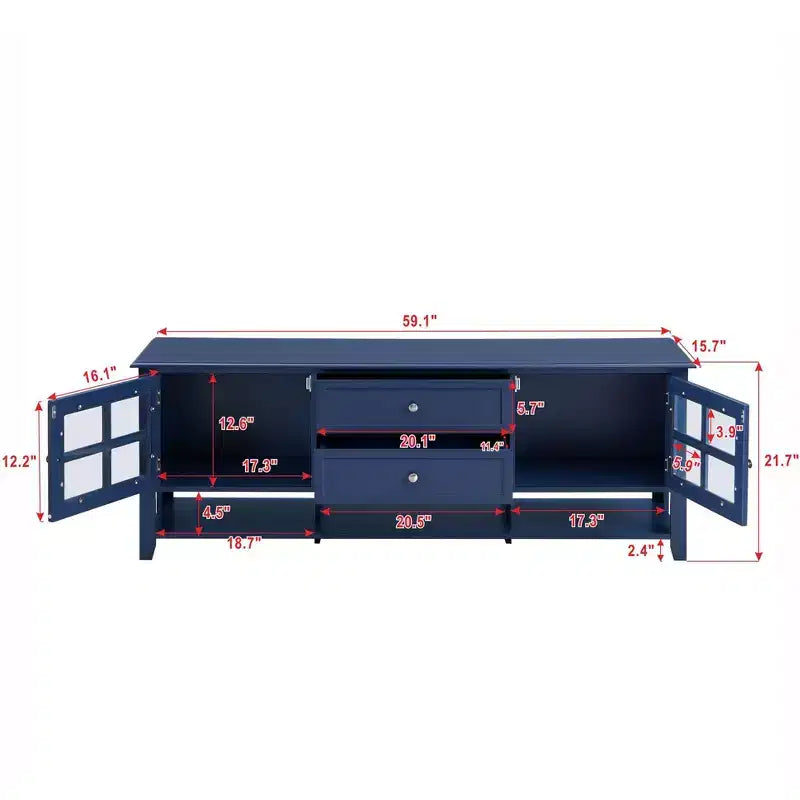 JVNOXK Meuble TV du milieu du siècle avec 2 portes vitrées et 2 tiroirs, meuble TV minimaliste pour téléviseurs jusqu'à 60", console robuste pour salon et chambre à coucher