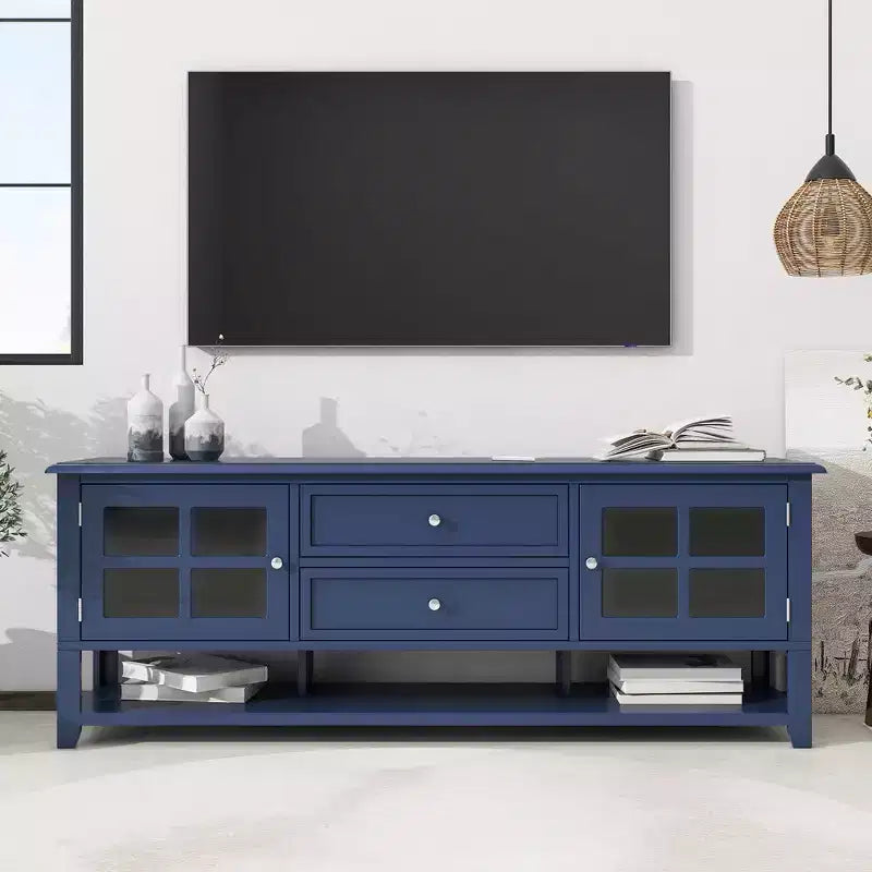 JVNOXK Meuble TV du milieu du siècle avec 2 portes vitrées et 2 tiroirs, meuble TV minimaliste pour téléviseurs jusqu'à 60", console robuste pour salon et chambre à coucher