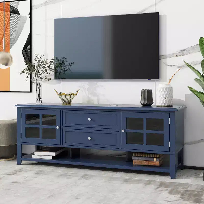 JVNOXK Meuble TV du milieu du siècle avec 2 portes vitrées et 2 tiroirs, meuble TV minimaliste pour téléviseurs jusqu'à 60", console robuste pour salon et chambre à coucher