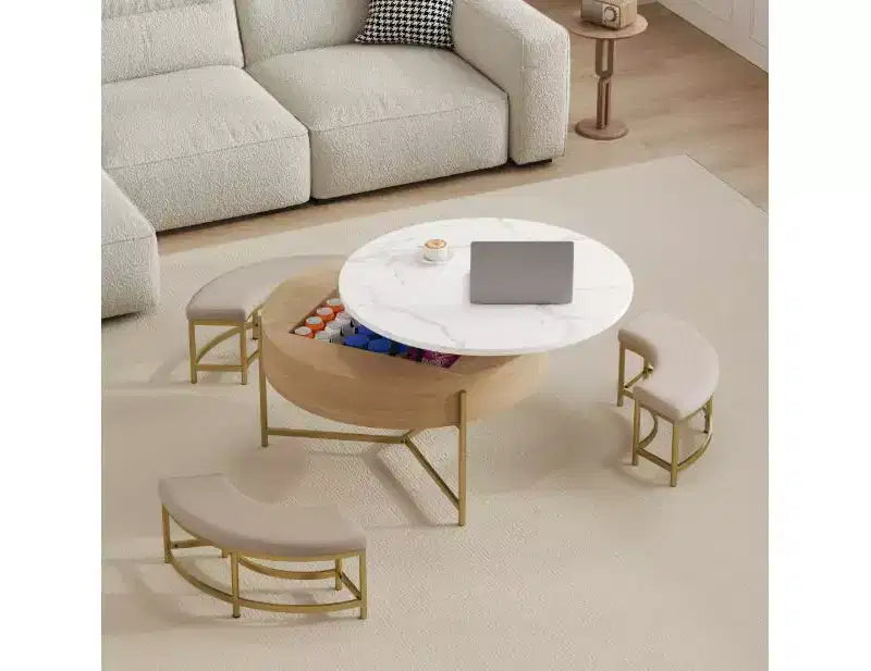 Table basse ronde moderne blanche et noire avec plateau relevable, rangement et 3 poufs
