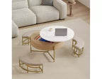 Table basse ronde moderne blanche et noire avec plateau relevable, rangement et 3 poufs