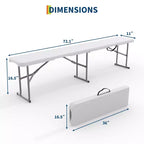 Banc pliant portable de 1,8 m, lot de 2, plateau en plastique HDPE pliable avec poignée de transport pour pique-nique en plein air, camping, fête, activités sportives