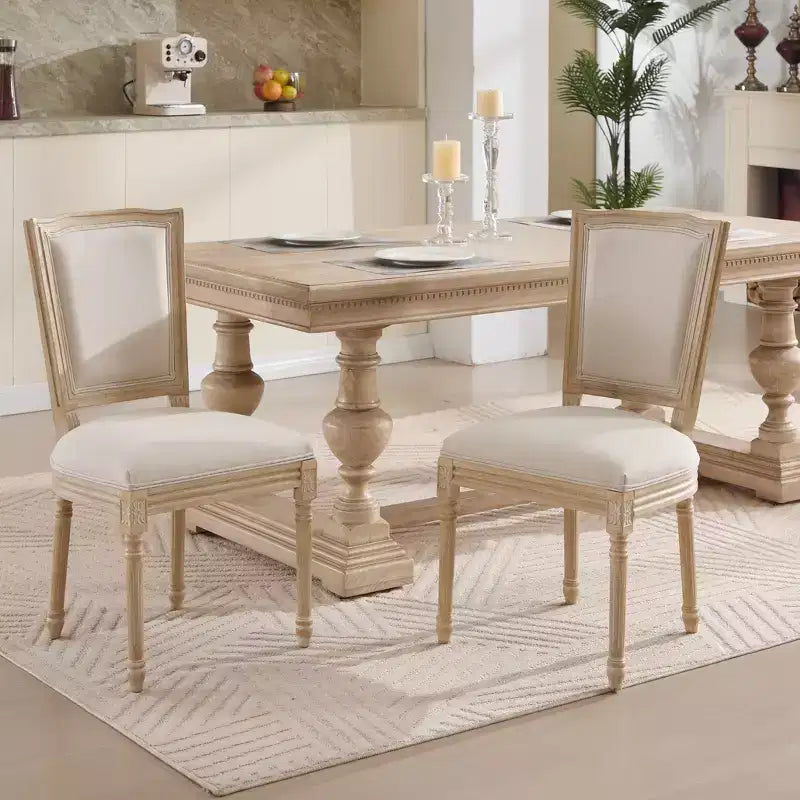 French Country Dining Chairs Set of 2, Upholstered T-Back, Wire Drawing Carving, Disassemblable, Beige