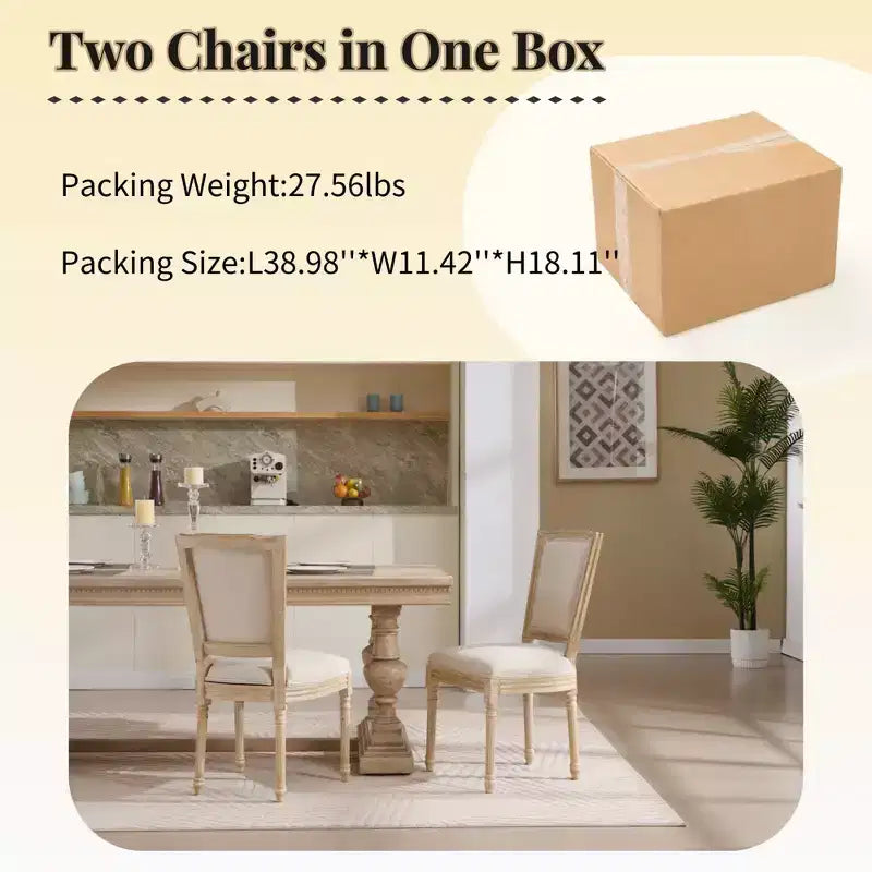 Lot de 2 chaises de salle à manger style champêtre, dossier en T rembourré, sculpté, démontable, beige