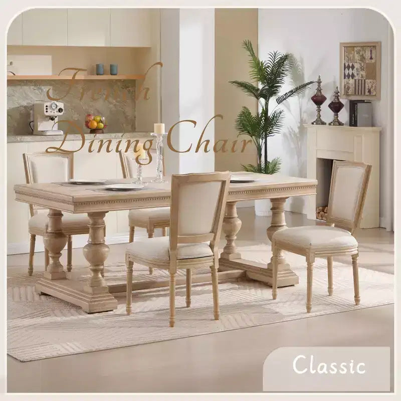Lot de 2 chaises de salle à manger style champêtre, dossier en T rembourré, sculpté, démontable, beige