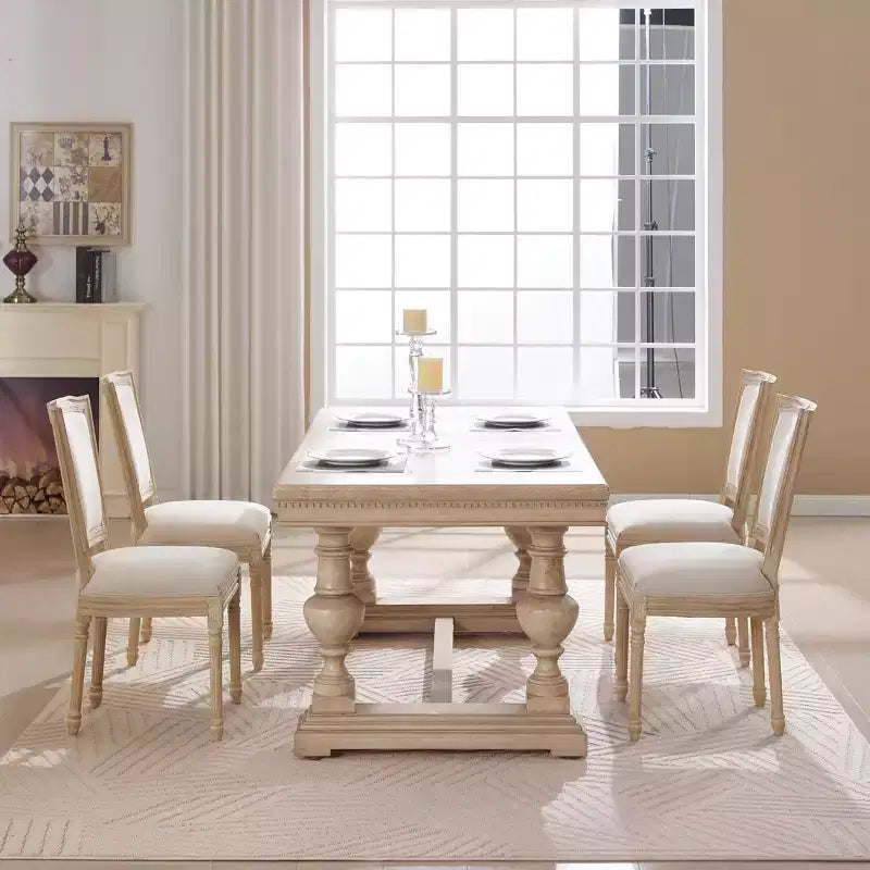 Lot de 2 chaises de salle à manger style champêtre, dossier en T rembourré, sculpté, démontable, beige