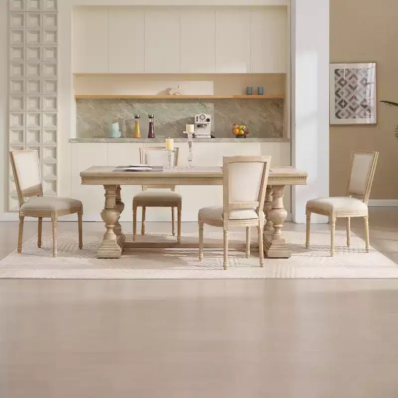 Lot de 2 chaises de salle à manger style champêtre, dossier en T rembourré, sculpté, démontable, beige