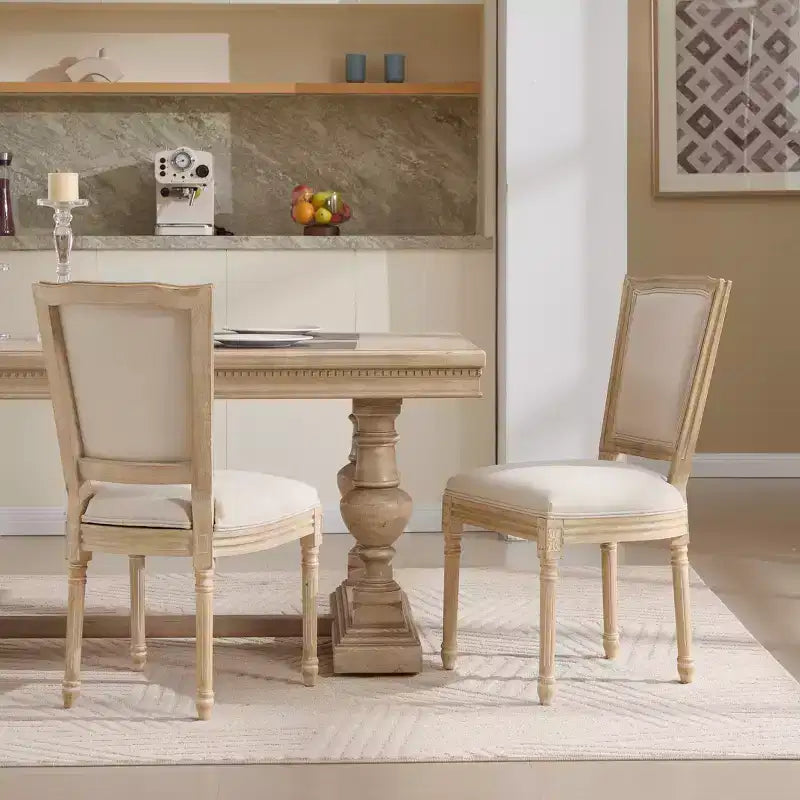 Lot de 2 chaises de salle à manger style champêtre, dossier en T rembourré, sculpté, démontable, beige