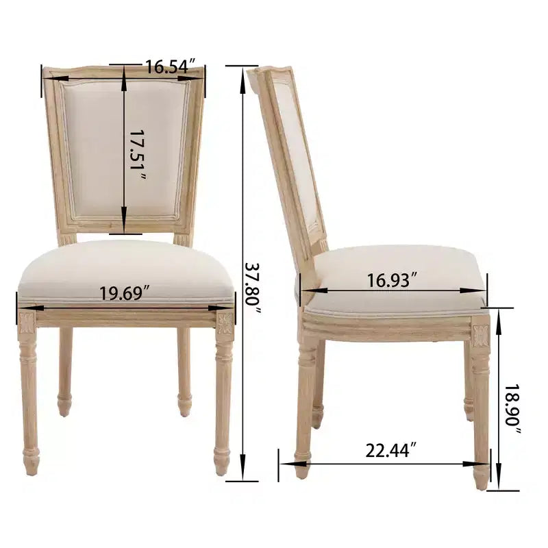 Lot de 2 chaises de salle à manger style champêtre, dossier en T rembourré, sculpté, démontable, beige