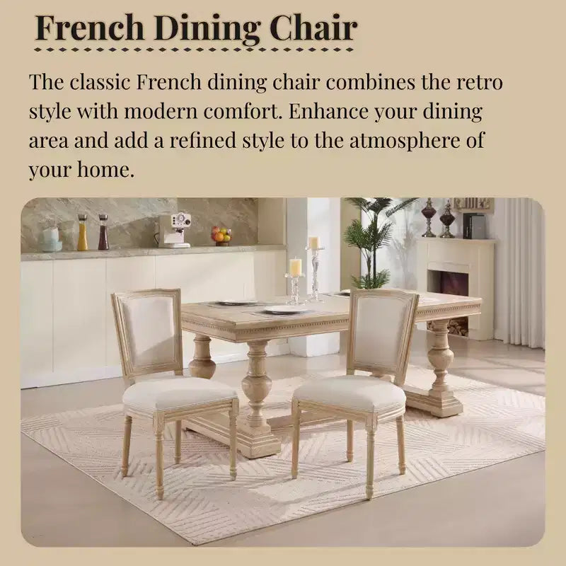 Lot de 2 chaises de salle à manger style champêtre, dossier en T rembourré, sculpté, démontable, beige