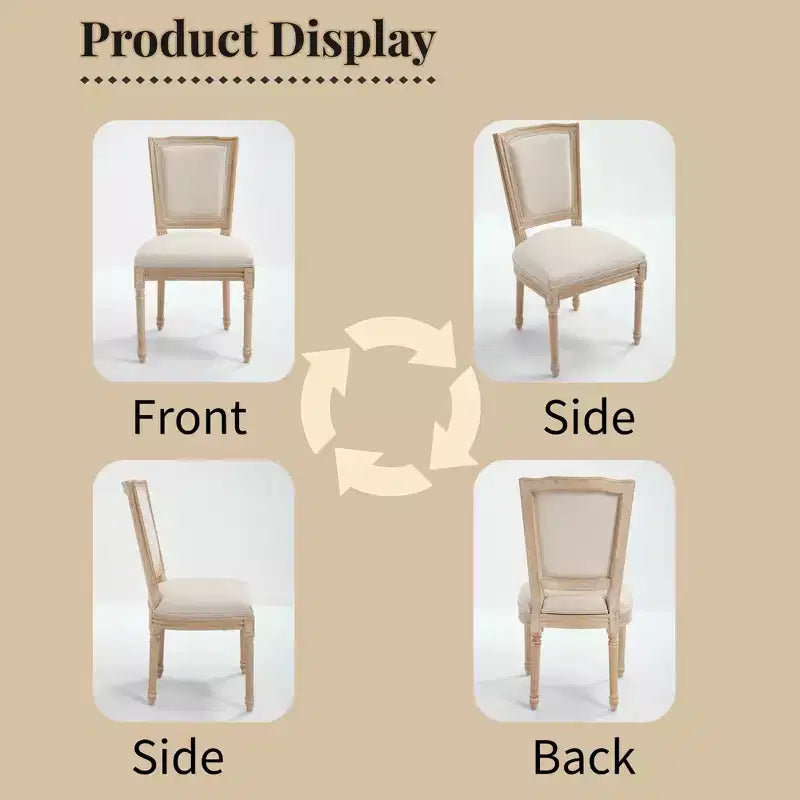 Lot de 2 chaises de salle à manger style champêtre, dossier en T rembourré, sculpté, démontable, beige