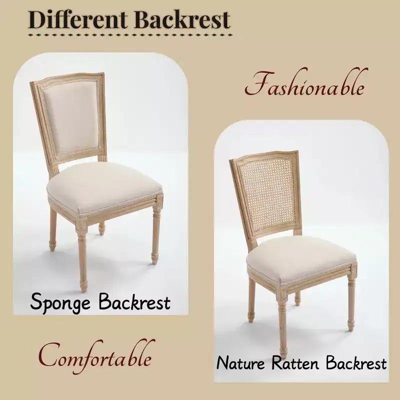 Lot de 2 chaises de salle à manger style champêtre, dossier en T rembourré, sculpté, démontable, beige