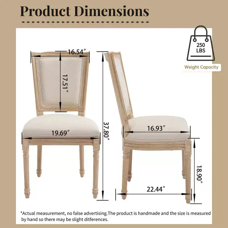 Lot de 2 chaises de salle à manger style champêtre, dossier en T rembourré, sculpté, démontable, beige