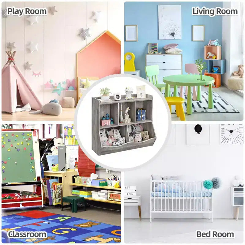 COZONY Meuble de Rangement pour Jouets Enfants, Étagère à Livres et Organisateur de Rangement avec Bacs, Bibliothèque pour Chambre d'Enfant et Salle de Jeux, Gris