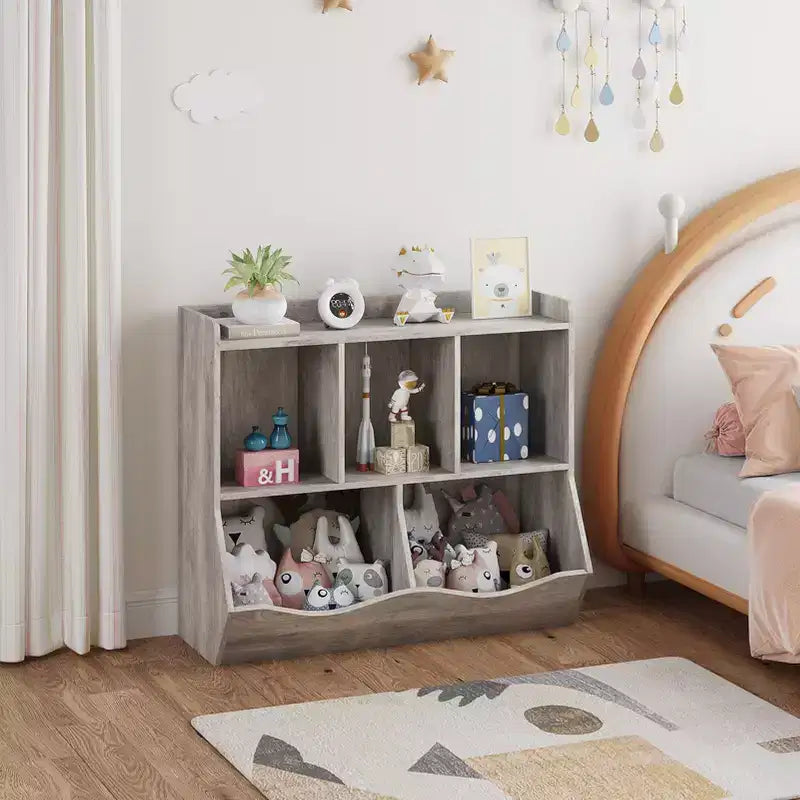 COZONY Meuble de Rangement pour Jouets Enfants, Étagère à Livres et Organisateur de Rangement avec Bacs, Bibliothèque pour Chambre d'Enfant et Salle de Jeux, Gris