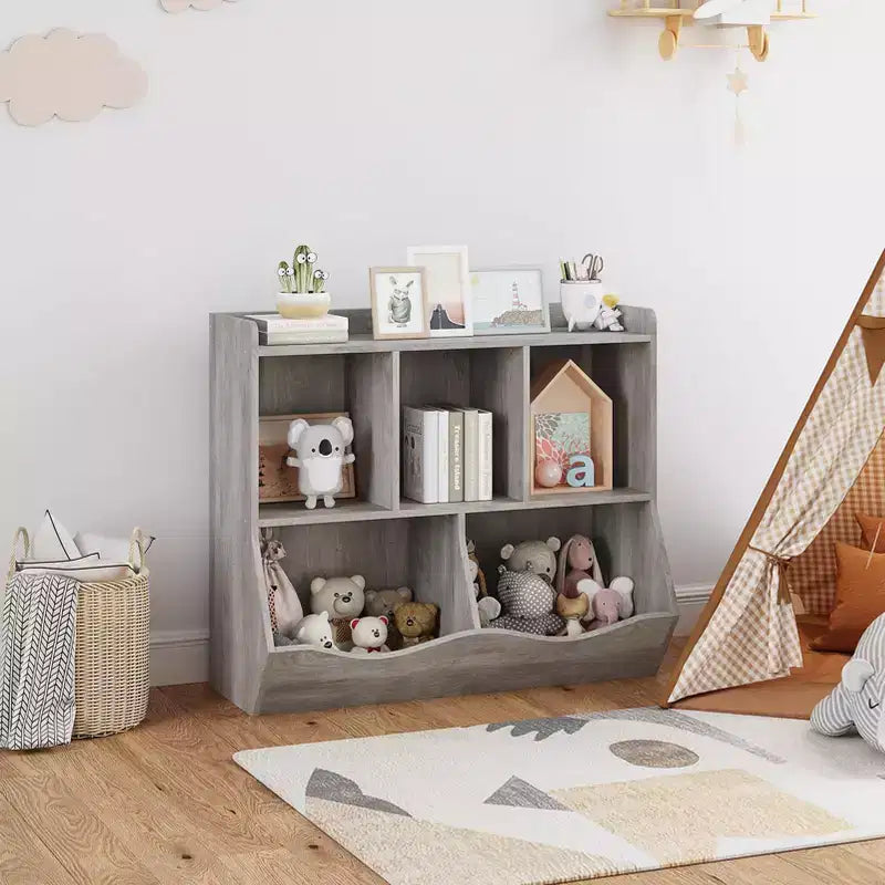 COZONY Meuble de Rangement pour Jouets Enfants, Étagère à Livres et Organisateur de Rangement avec Bacs, Bibliothèque pour Chambre d'Enfant et Salle de Jeux, Gris