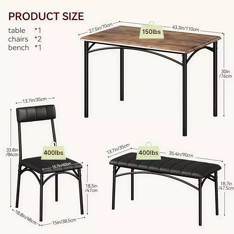 Ensemble de salle à manger 4 pièces avec table, 2 chaises et banc, table de cuisine style rétro peu encombrante pour petits espaces, cuisine, appartements