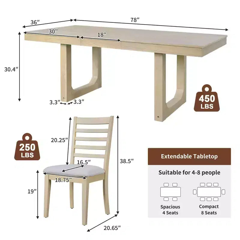 Ensemble de salle à manger MAYEERTY 7 pièces extensible, table rustique de 78" et 6 chaises
